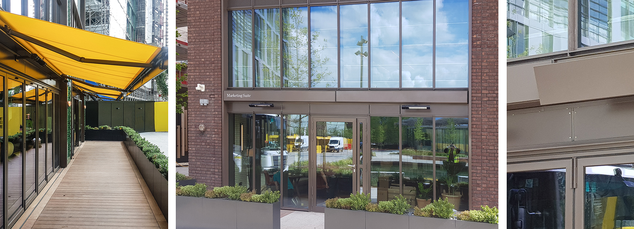 SQ2 awnings with bespoke encasement for Darby’s at Embassy Gardens, London.