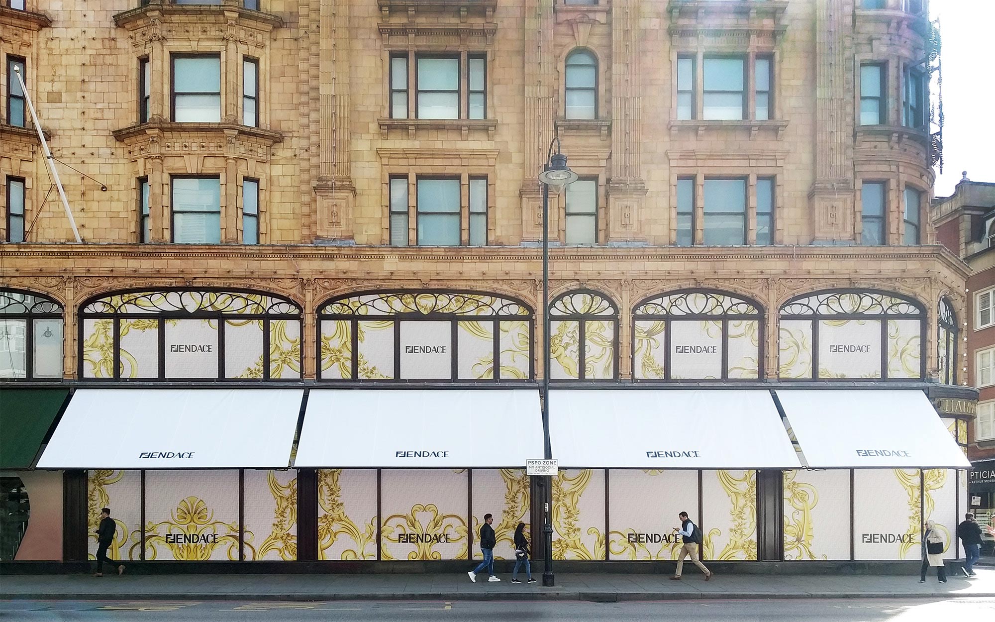  white Awnings in London for Fendi and Versace