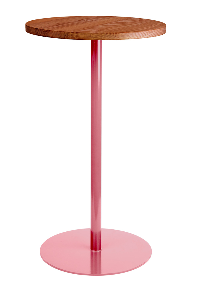 Round Bar Table - metal stand powder-coated in English pink with natural hardwood top